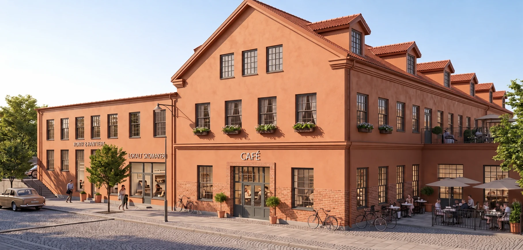 Visualisering av Gamla Skofabriken med café, lokalt hantverk och kommersiella bottenvåningar