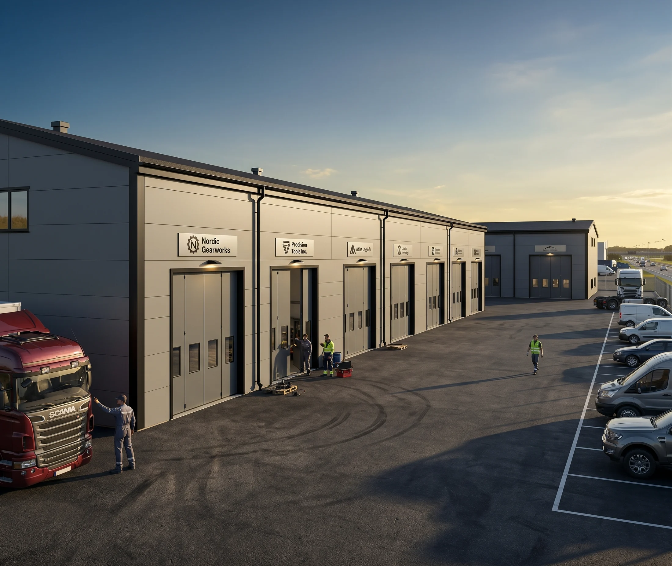 Visualisering av Lastbilsgaraget med verkstadsportar och uppställningsyta