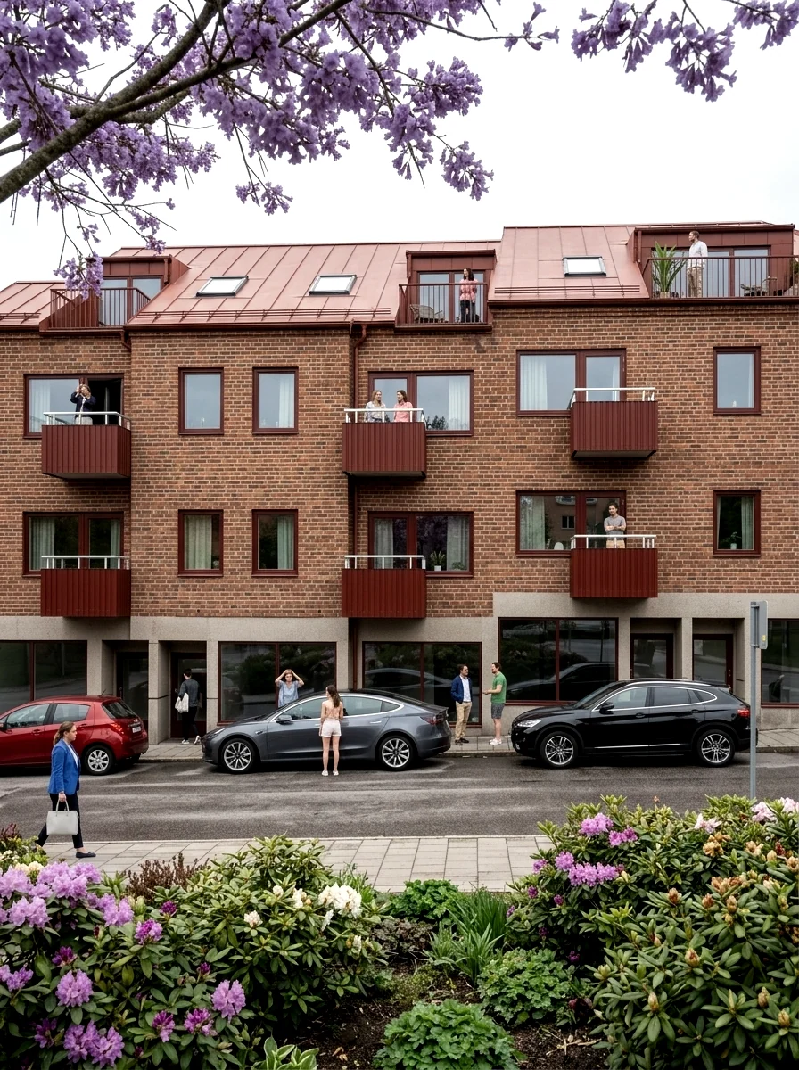 Visualisering av Muraren 2 med tegelgestaltning, balkonger och takvåning