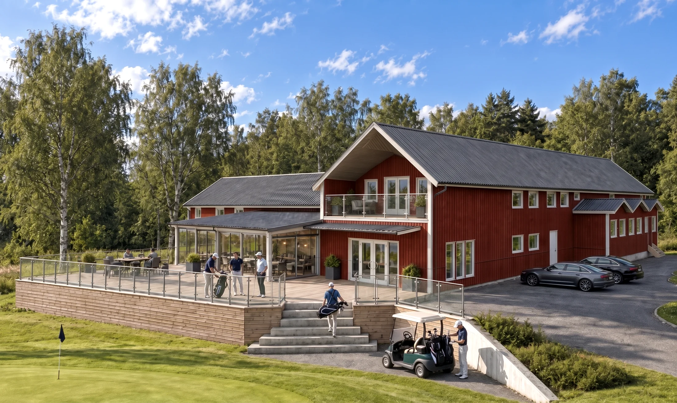 Visualisering av Skerike Golfklubbs klubbhus med en djup, taktäckt balkong